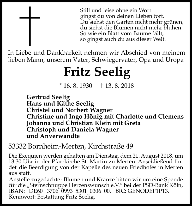  Traueranzeige für Fritz Seelig vom 18.08.2018 aus Kölner Stadt-Anzeiger / Kölnische Rundschau / Express