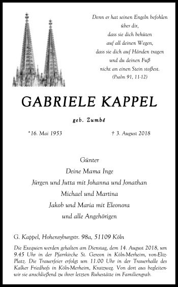 Anzeige von Gabriele Kappel von Kölner Stadt-Anzeiger / Kölnische Rundschau / Express