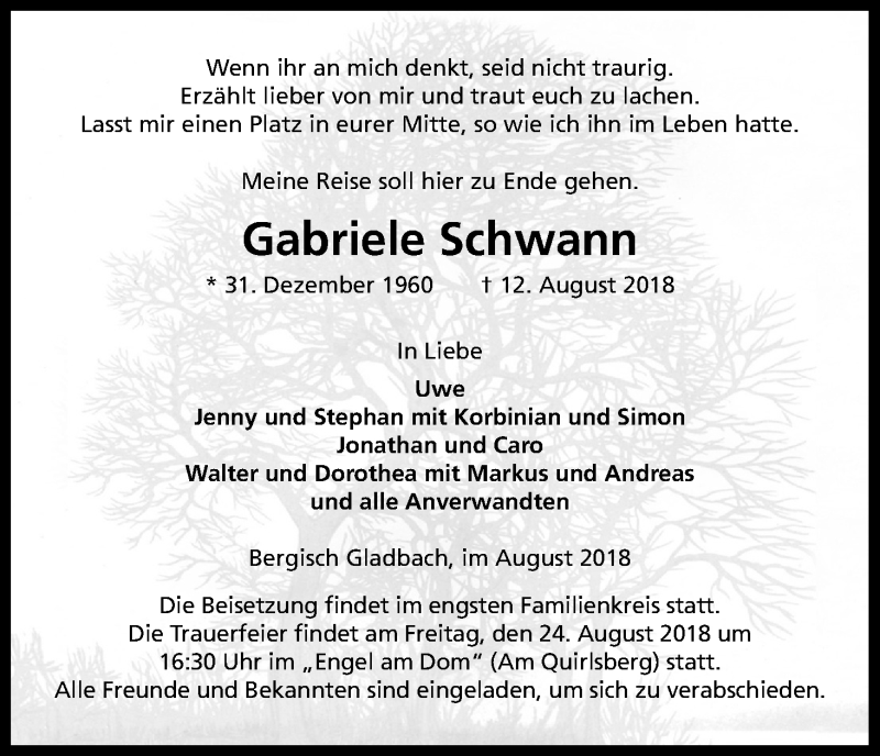  Traueranzeige für Gabriele Schwann vom 18.08.2018 aus Kölner Stadt-Anzeiger / Kölnische Rundschau / Express