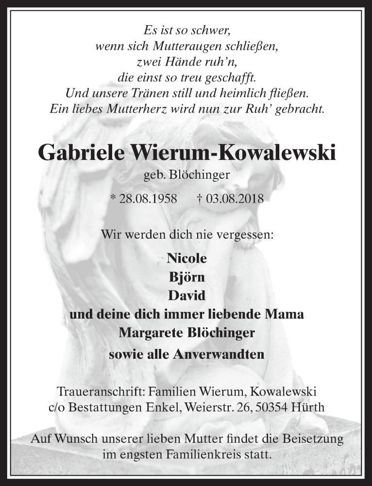  Traueranzeige für Gabriele Wierum-Kowalewski vom 15.08.2018 aus  Wochenende 