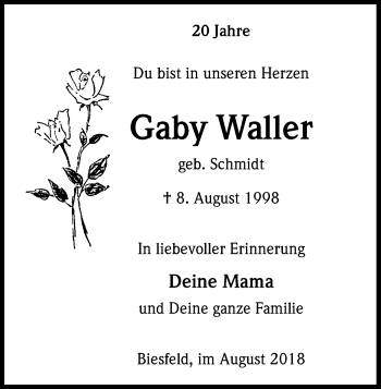Anzeige von Gaby Waller von Kölner Stadt-Anzeiger / Kölnische Rundschau / Express