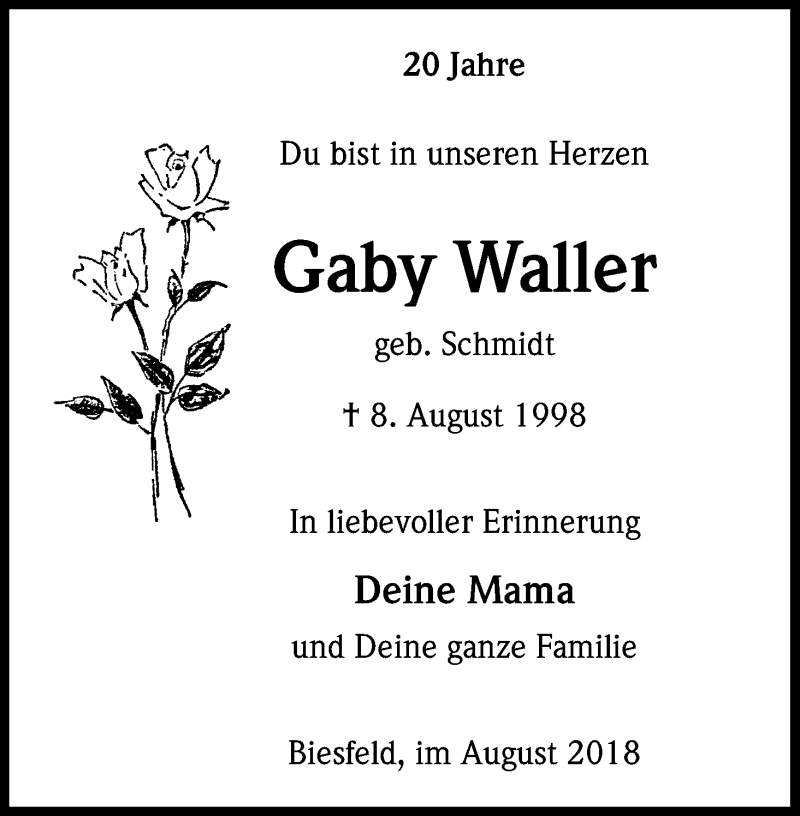  Traueranzeige für Gaby Waller vom 08.08.2018 aus Kölner Stadt-Anzeiger / Kölnische Rundschau / Express