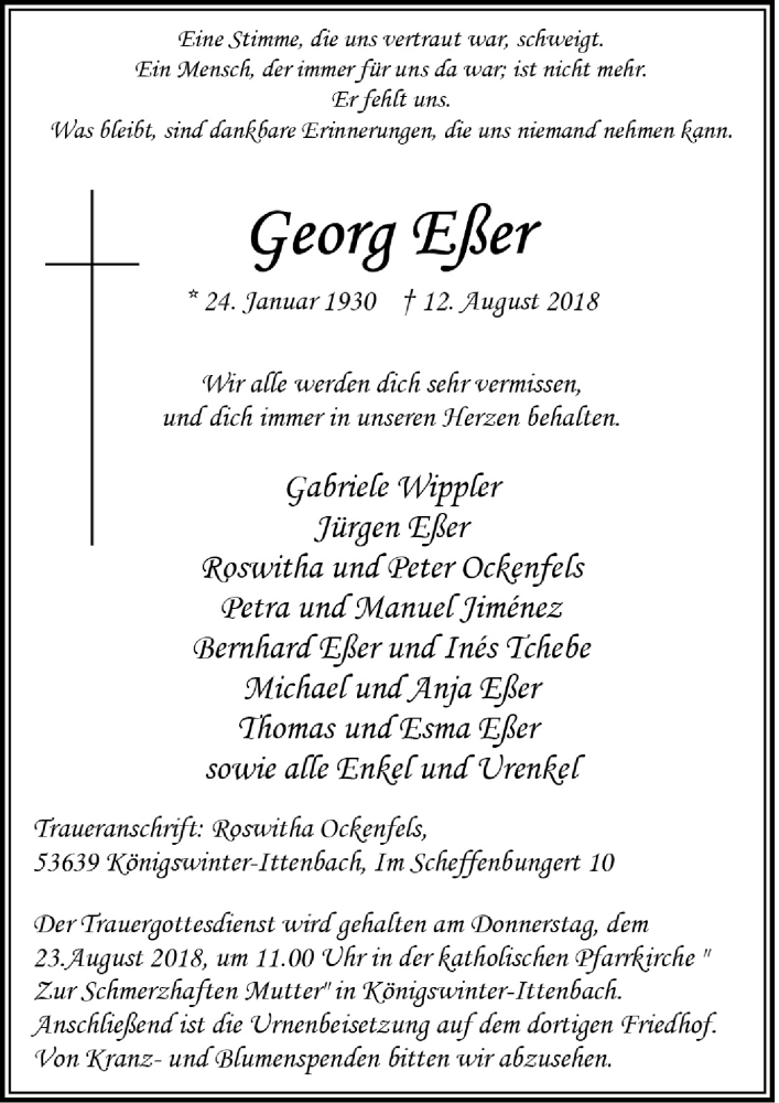  Traueranzeige für Georg Eßer vom 18.08.2018 aus  Rhein-Sieg-Wochenende 