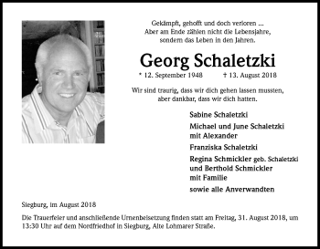 Anzeige von Georg Schaletzki von Kölner Stadt-Anzeiger / Kölnische Rundschau / Express