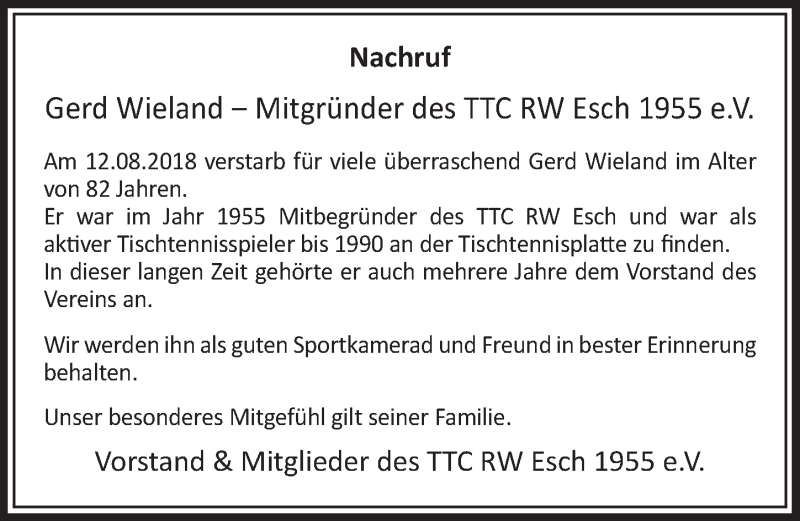  Traueranzeige für Gerd Wieland vom 25.08.2018 aus  Sonntags-Post 