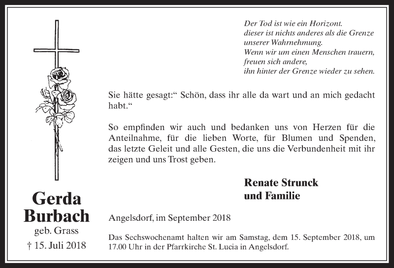  Traueranzeige für Gerda Burbach vom 29.08.2018 aus  Werbepost 