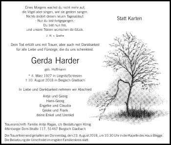 Anzeige von Gerda Harder von Kölner Stadt-Anzeiger / Kölnische Rundschau / Express