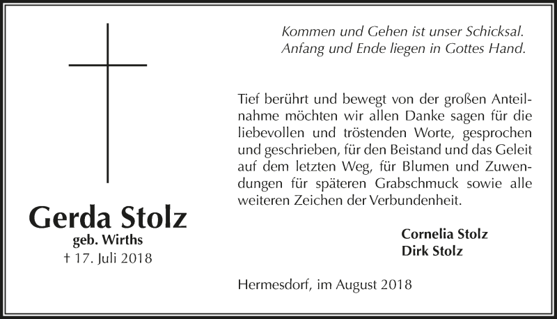 Traueranzeige für Gerda Stolz vom 29.08.2018 aus  Lokalanzeiger 