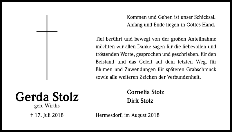  Traueranzeige für Gerda Stolz vom 01.09.2018 aus Kölner Stadt-Anzeiger / Kölnische Rundschau / Express