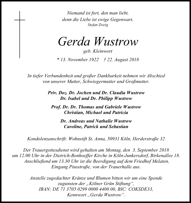  Traueranzeige für Gerda Wustrow vom 01.09.2018 aus Kölner Stadt-Anzeiger / Kölnische Rundschau / Express