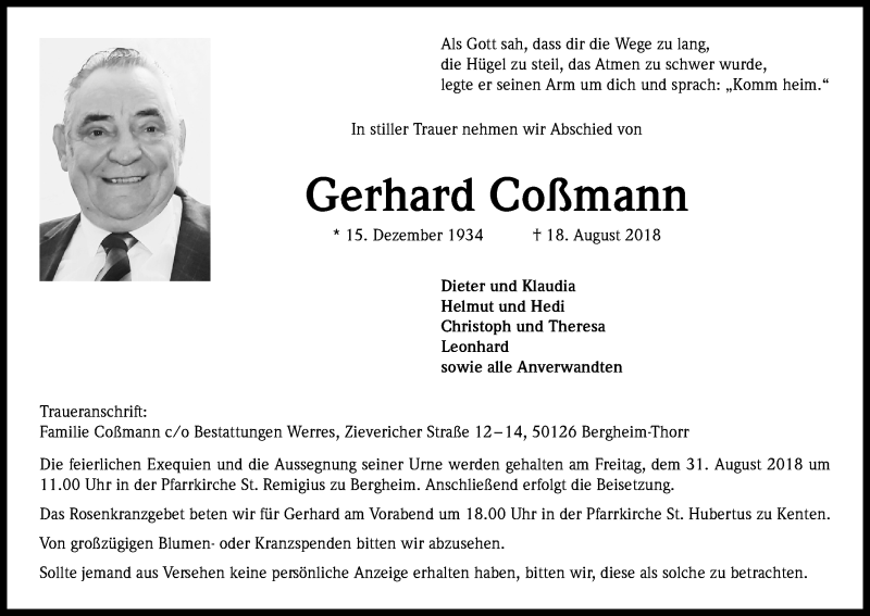  Traueranzeige für Gerhard Coßmann vom 28.08.2018 aus Kölner Stadt-Anzeiger / Kölnische Rundschau / Express