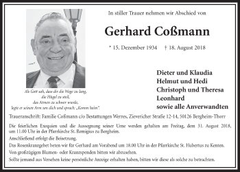 Anzeige von Gerhard Coßmann von  Sonntags-Post 