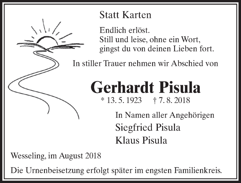  Traueranzeige für Gerhardt Pisula vom 15.08.2018 aus  Schlossbote/Werbekurier 