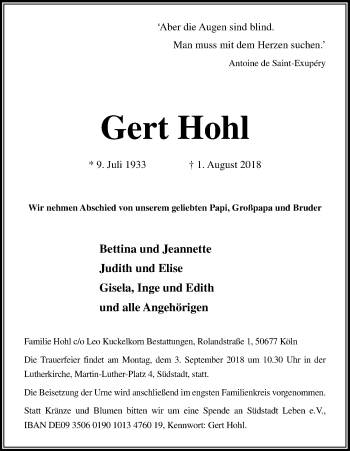Anzeige von Gert Hohl von Kölner Stadt-Anzeiger / Kölnische Rundschau / Express