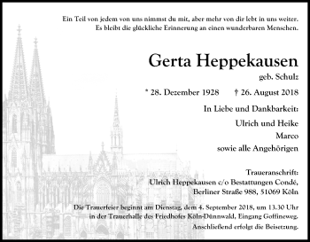 Anzeige von Gerta Heppekausen von Kölner Stadt-Anzeiger / Kölnische Rundschau / Express