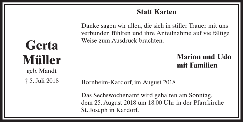  Traueranzeige für Gerta Müller vom 15.08.2018 aus  Schlossbote/Werbekurier 