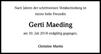 Anzeige von Gerti Maeding von Kölner Stadt-Anzeiger / Kölnische Rundschau / Express