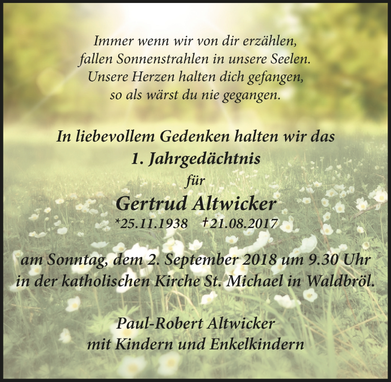  Traueranzeige für Gertrud Altwicker vom 29.08.2018 aus  Lokalanzeiger 