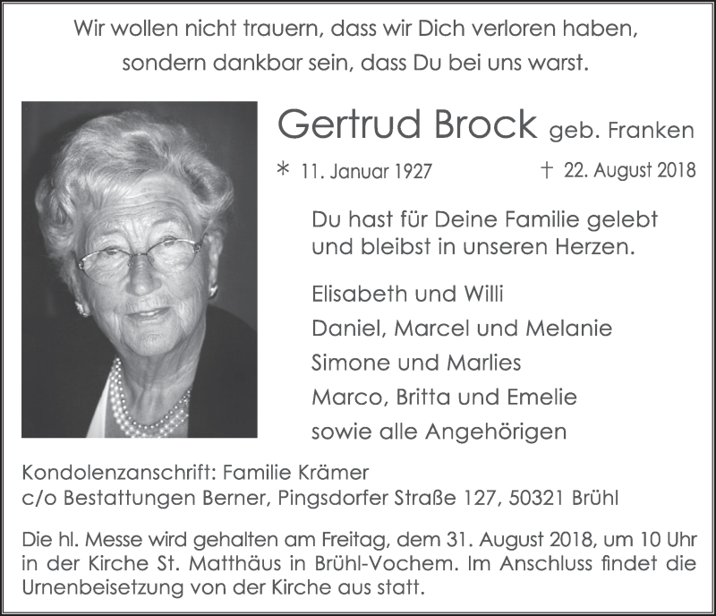  Traueranzeige für Gertrud Bock vom 29.08.2018 aus  Schlossbote/Werbekurier 