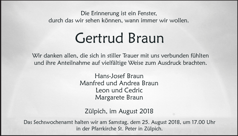  Traueranzeige für Gertrud Braun vom 18.08.2018 aus  Blickpunkt Euskirchen 
