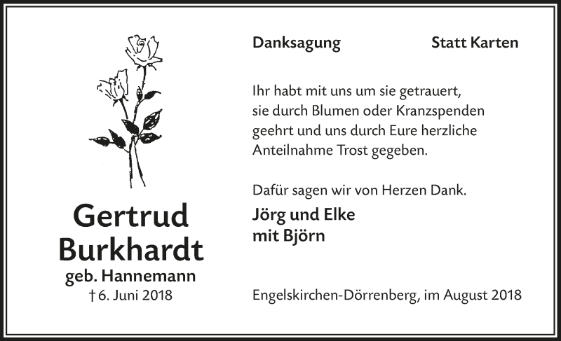  Traueranzeige für Gertrud Burkhardt vom 15.08.2018 aus  Anzeigen Echo 