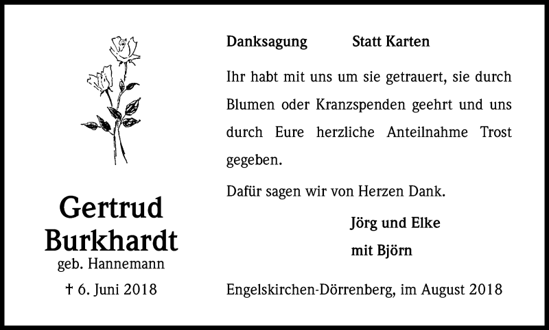  Traueranzeige für Gertrud Burkhardt vom 11.08.2018 aus Kölner Stadt-Anzeiger / Kölnische Rundschau / Express