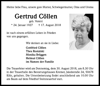 Anzeige von Gertrud Cöllen von Kölner Stadt-Anzeiger / Kölnische Rundschau / Express