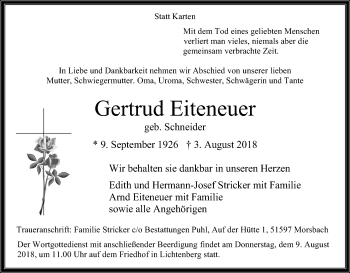 Anzeige von Gertrud Eiteneuer von Kölner Stadt-Anzeiger / Kölnische Rundschau / Express