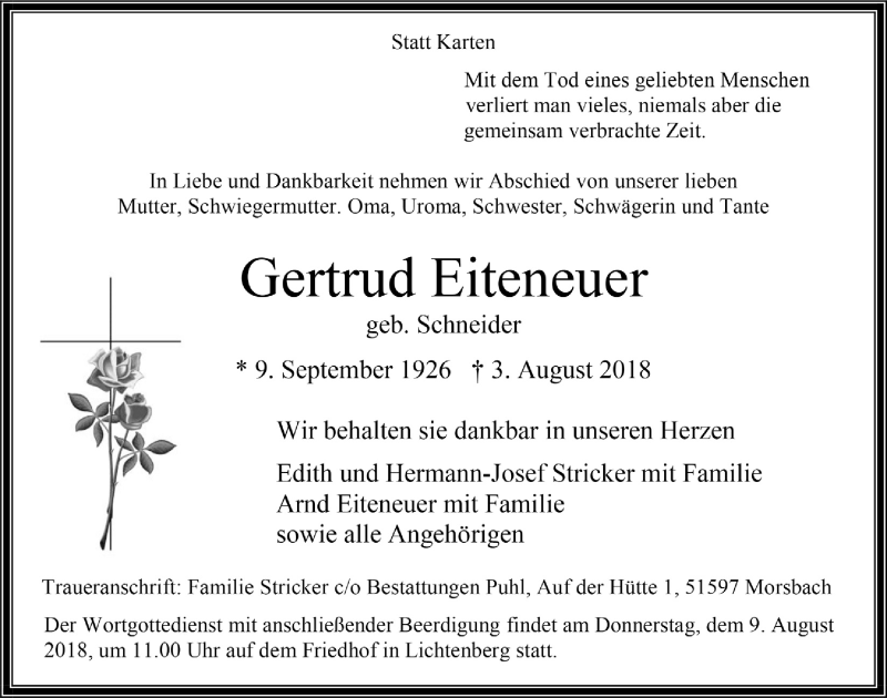  Traueranzeige für Gertrud Eiteneuer vom 08.08.2018 aus  Lokalanzeiger 