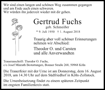 Anzeige von Gertrud Fuchs von Kölner Stadt-Anzeiger / Kölnische Rundschau / Express