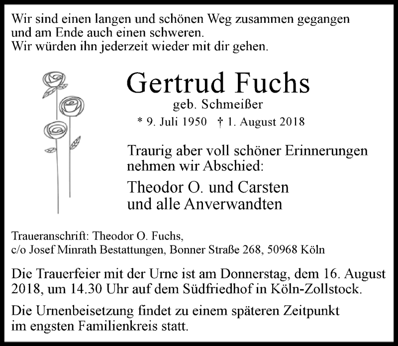  Traueranzeige für Gertrud Fuchs vom 15.08.2018 aus  Kölner Wochenspiegel 