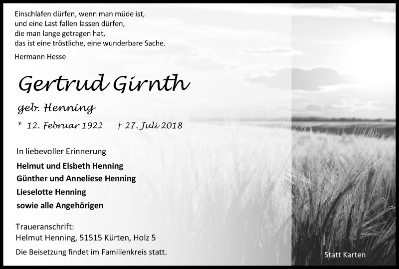  Traueranzeige für Gertrud Girnth vom 04.08.2018 aus Kölner Stadt-Anzeiger / Kölnische Rundschau / Express