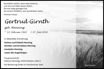 Anzeige von Gertrud Girnth von Kölner Stadt-Anzeiger / Kölnische Rundschau / Express