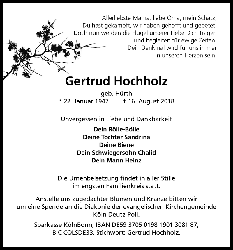  Traueranzeige für Gertrud Hochholz vom 25.08.2018 aus Kölner Stadt-Anzeiger / Kölnische Rundschau / Express