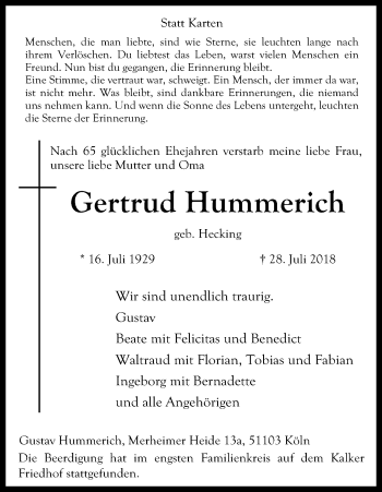 Anzeige von Gertrud Hummerich von Kölner Stadt-Anzeiger / Kölnische Rundschau / Express