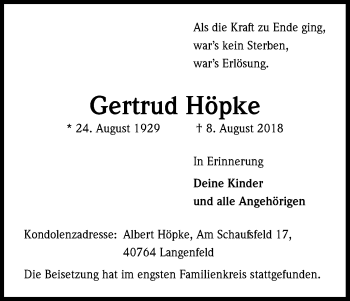 Anzeige von Gertrud Höpke von Kölner Stadt-Anzeiger / Kölnische Rundschau / Express