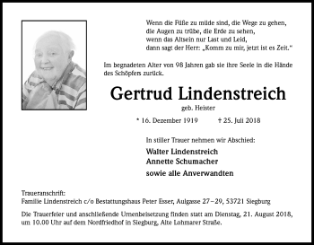 Anzeige von Gertrud Lindenstreich von Kölner Stadt-Anzeiger / Kölnische Rundschau / Express