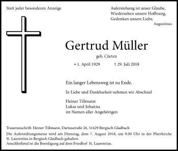 Anzeige von Gertrud Müller von Kölner Stadt-Anzeiger / Kölnische Rundschau / Express