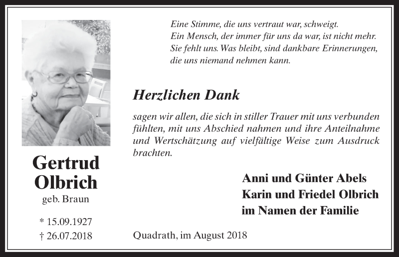  Traueranzeige für Gertrud Olbrich vom 22.08.2018 aus  Werbepost 
