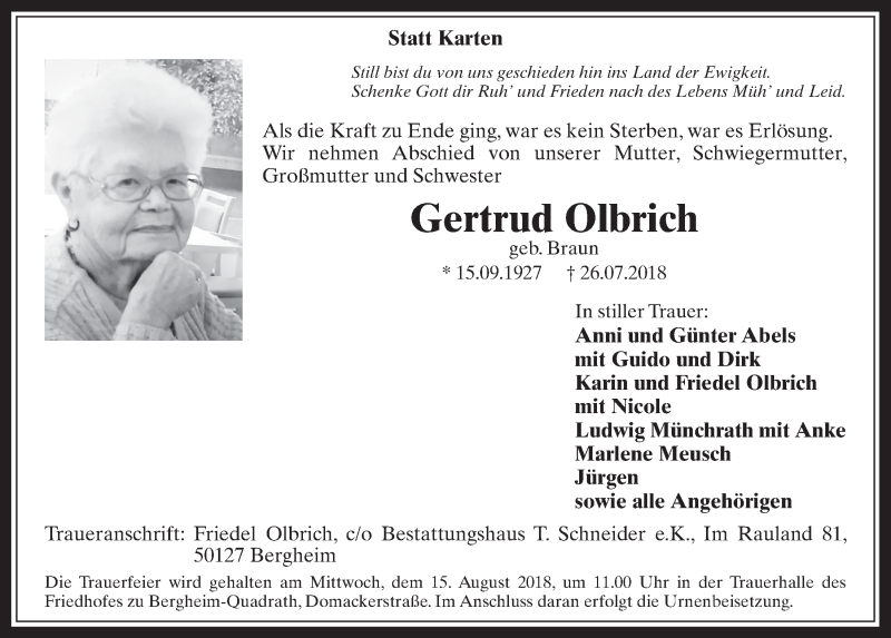  Traueranzeige für Gertrud Olbrich vom 08.08.2018 aus  Werbepost 