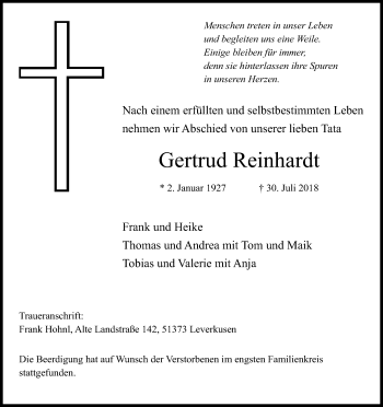Anzeige von Gertrud Reinhardt von Kölner Stadt-Anzeiger / Kölnische Rundschau / Express