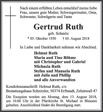 Anzeige von Gertrud Ruth von  Sonntags-Post 