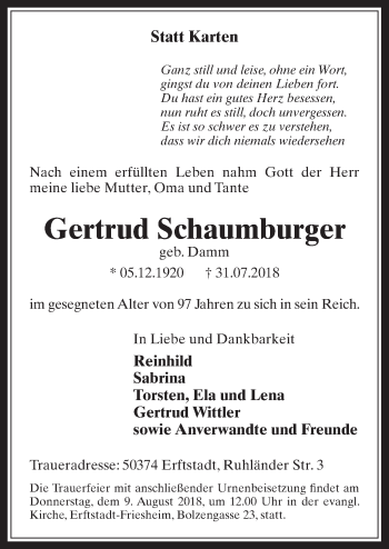 Anzeige von Gertrud Schaumburger von  Werbepost 