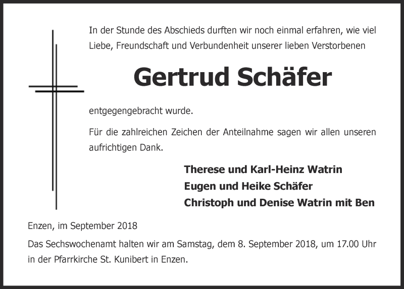  Traueranzeige für Gertrud Schäfer vom 01.09.2018 aus  Blickpunkt Euskirchen 