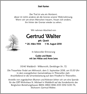 Anzeige von Gertrud Walter von  Lokalanzeiger 