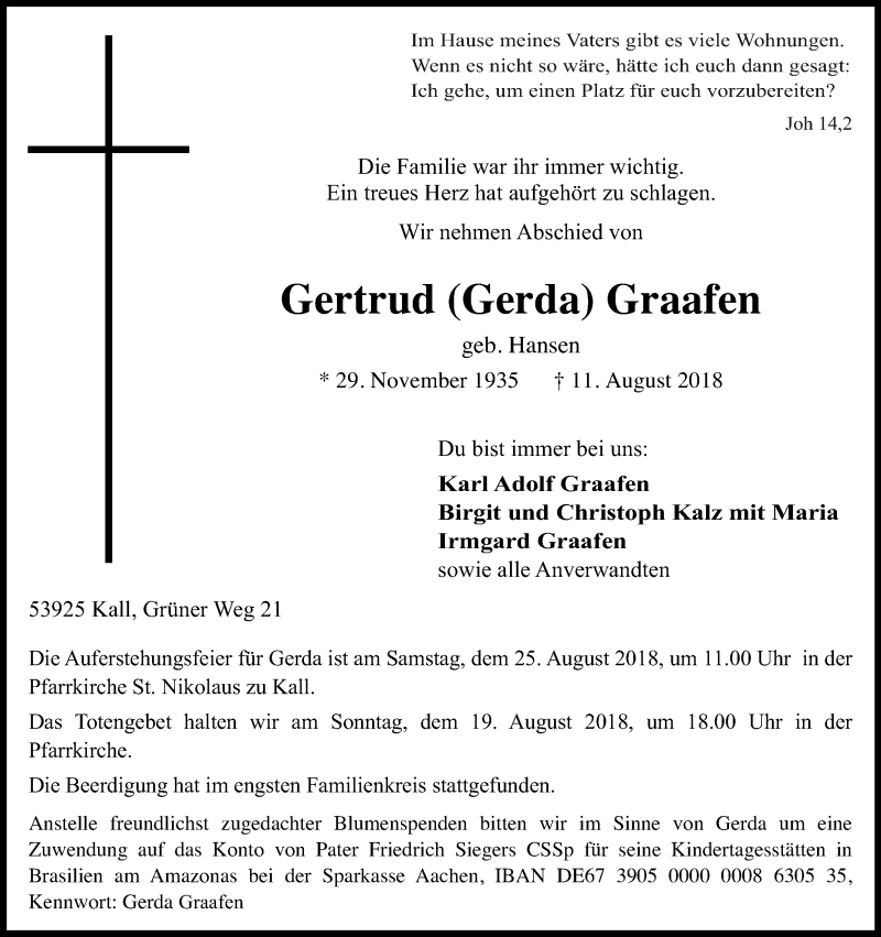  Traueranzeige für Gertrud Gerda Graafen vom 18.08.2018 aus Kölner Stadt-Anzeiger / Kölnische Rundschau / Express