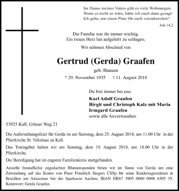Anzeige von Gertrud Gerda Graafen von Kölner Stadt-Anzeiger / Kölnische Rundschau / Express