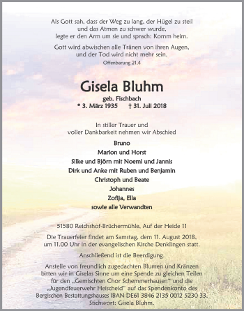 Anzeige von Gisela Bluhm von Kölner Stadt-Anzeiger / Kölnische Rundschau / Express