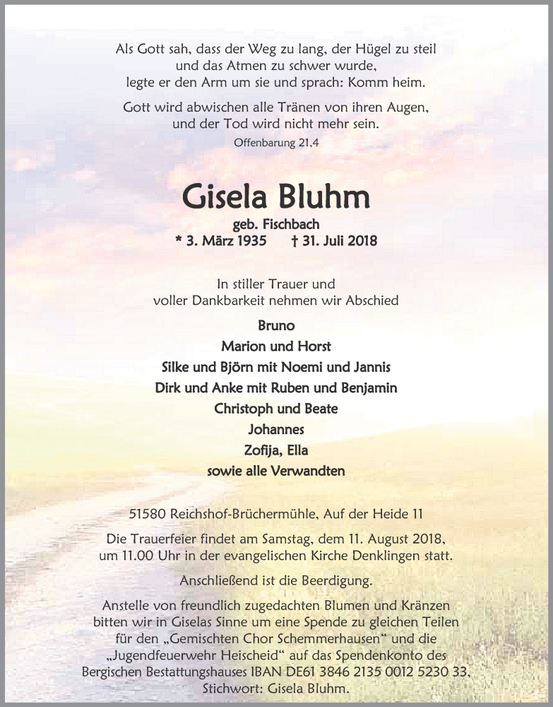  Traueranzeige für Gisela Bluhm vom 04.08.2018 aus Kölner Stadt-Anzeiger / Kölnische Rundschau / Express