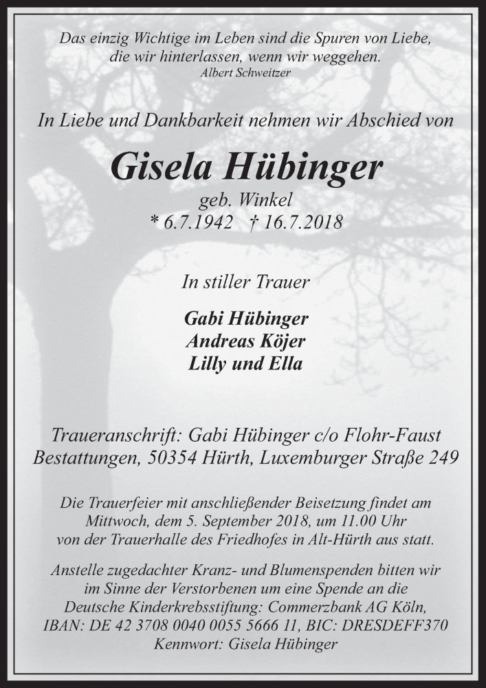  Traueranzeige für Gisela Hübinger vom 29.08.2018 aus  Wochenende 